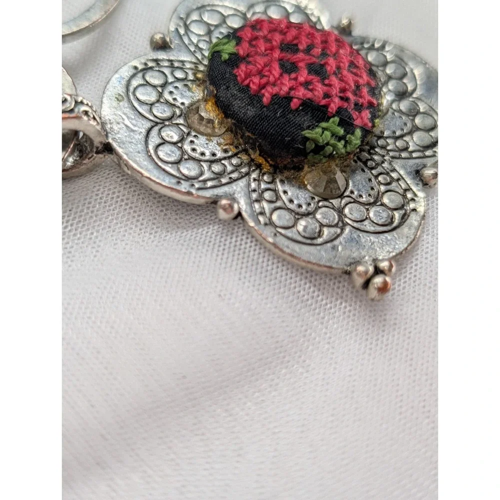 Vintage H. DUBIN Signed Silver Tone Quatrefoil Cross Stitch Embroidered Flower